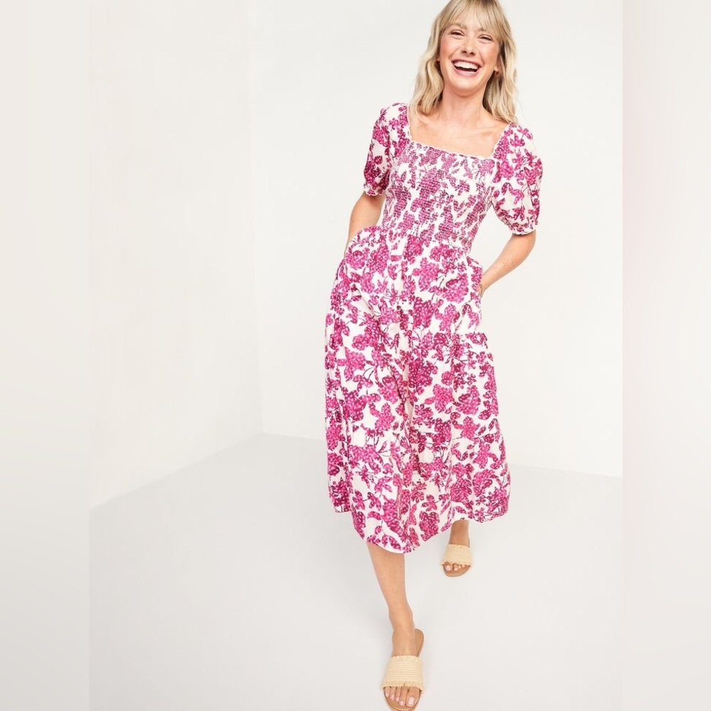 Old Navy Smocked Square Neck Floral Midi Dress Puff Sleeve Tiered Size M